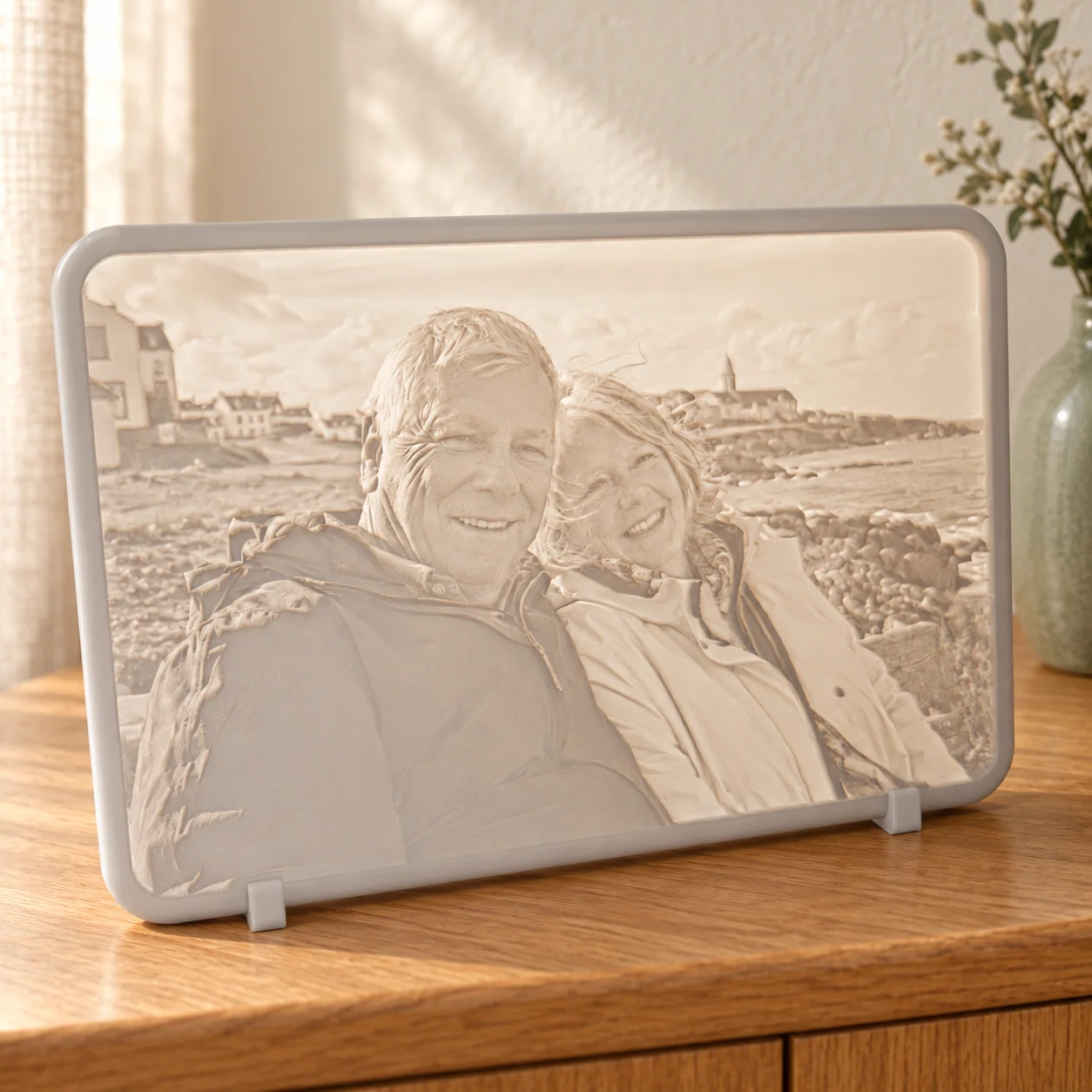 Glimery photo stand with a couple’s photo, backlit to reveal the photo.