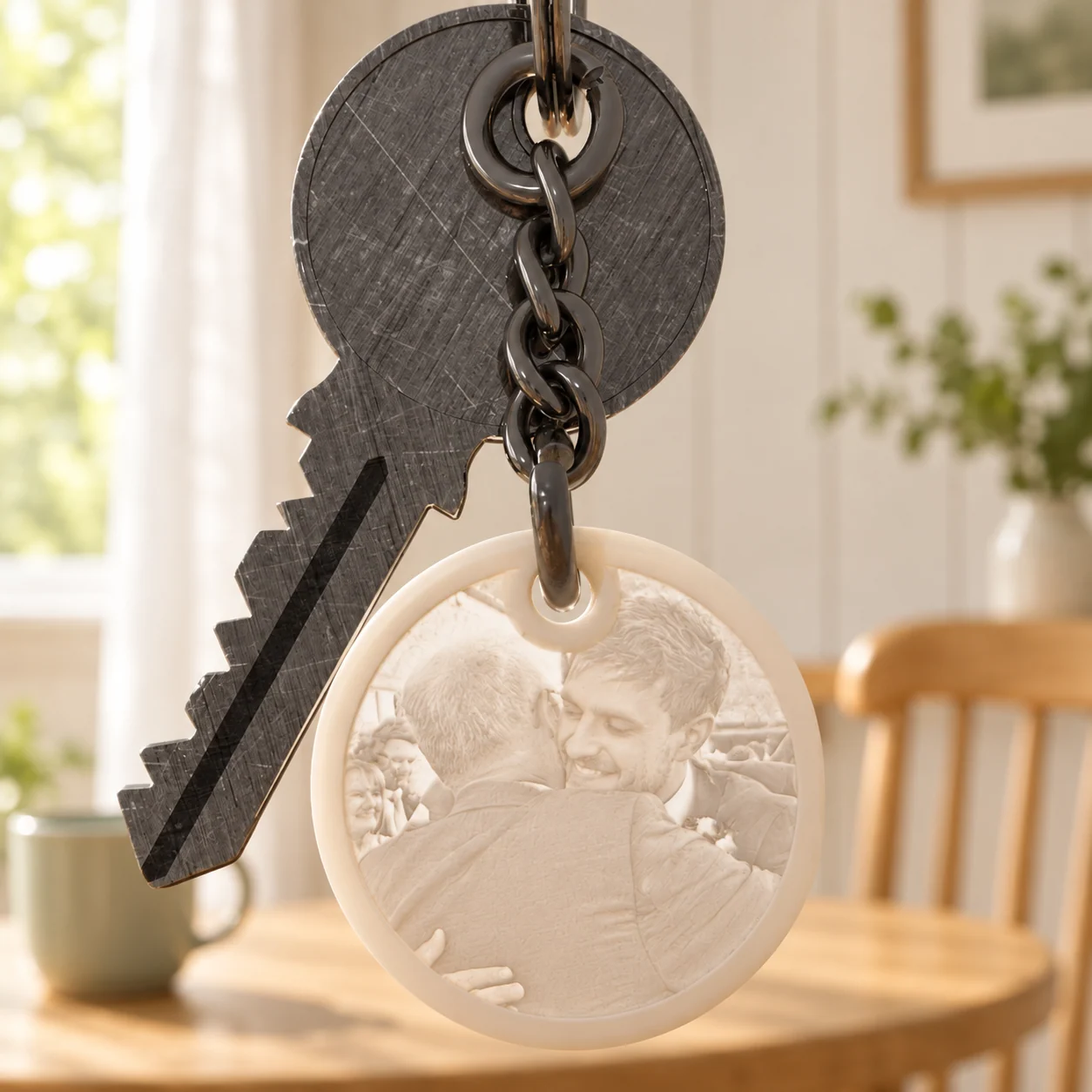 Glimery round photo keychain - in the light Glimery round photo keychain with a wedding photo, backlit to reveal the photo.