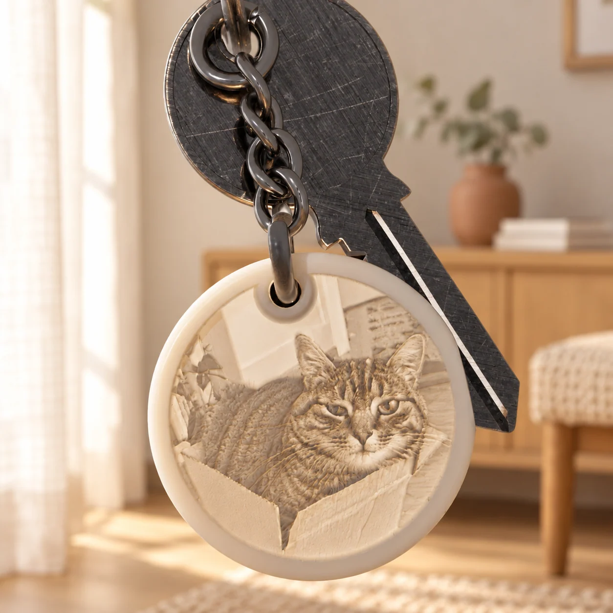 Glimery round photo keychain - in the light Glimery round photo keychain with a cat portrait, backlit to reveal the photo.