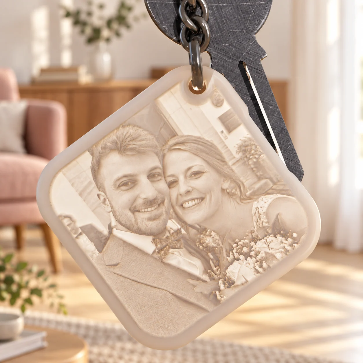 Glimery square photo keychain - in the light Glimery square photo keychain with a wedding photo, backlit to reveal the photo.