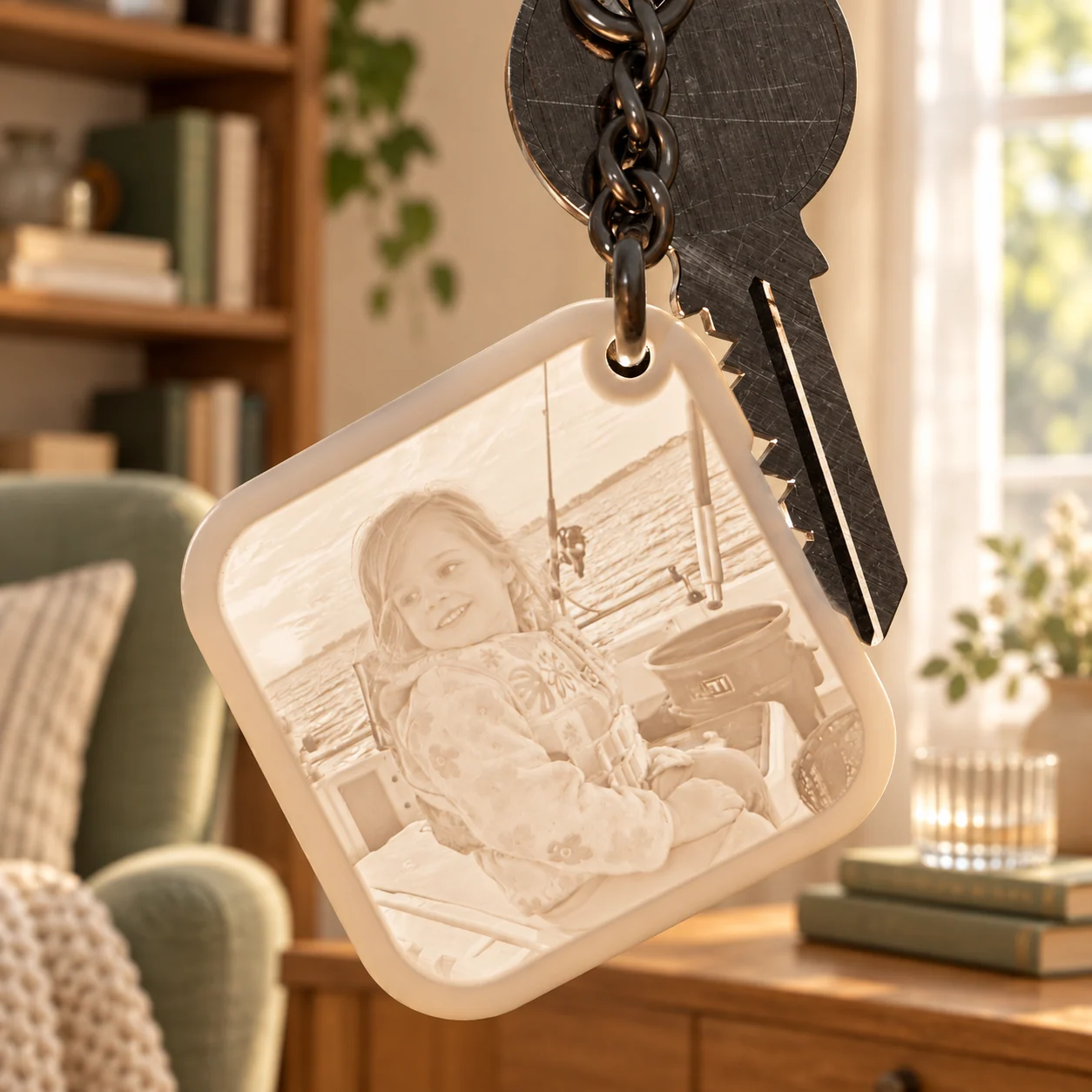 Glimery square photo keychain - in the light Glimery square photo keychain with a baby photo, backlit to reveal the photo.