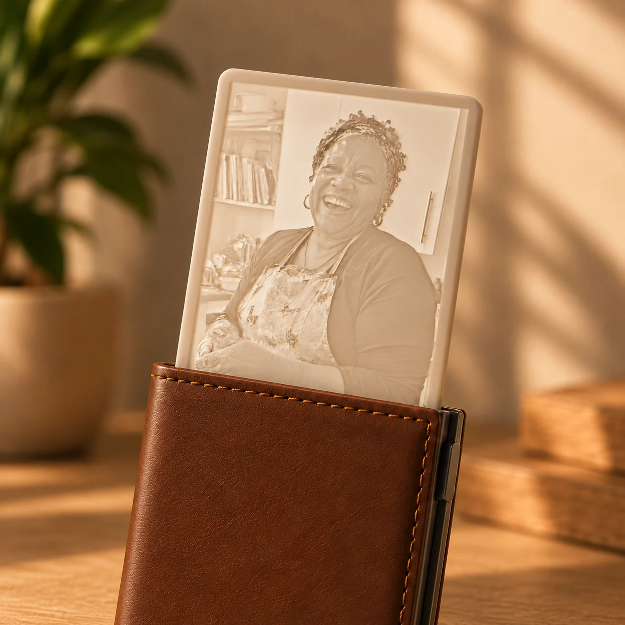 Glimery fotokaart voor je portefeuille Glimery fotokaart voor je portefeuille met een portret van een oudere vrouw.