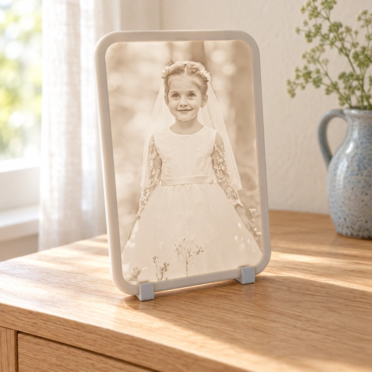 Glimery photo stand - in the light Glimery photo stand with a child’s portrait, backlit to reveal the photo.