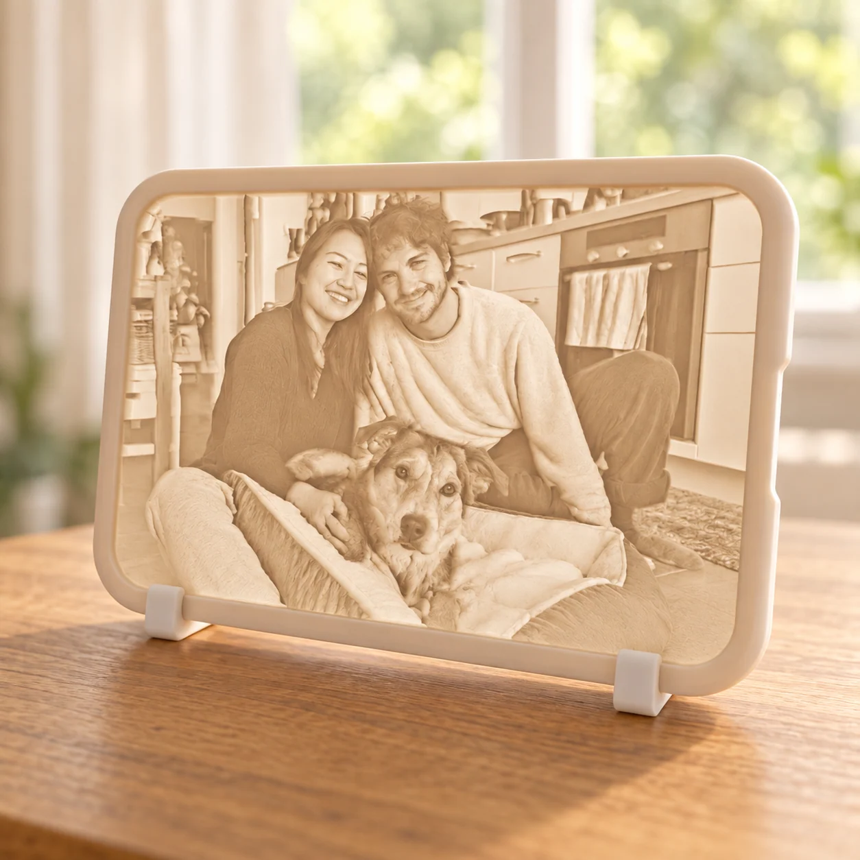 Glimery photo stand - in the light Glimery photo stand with a photo of a couple and their dog, backlit to reveal the photo.
