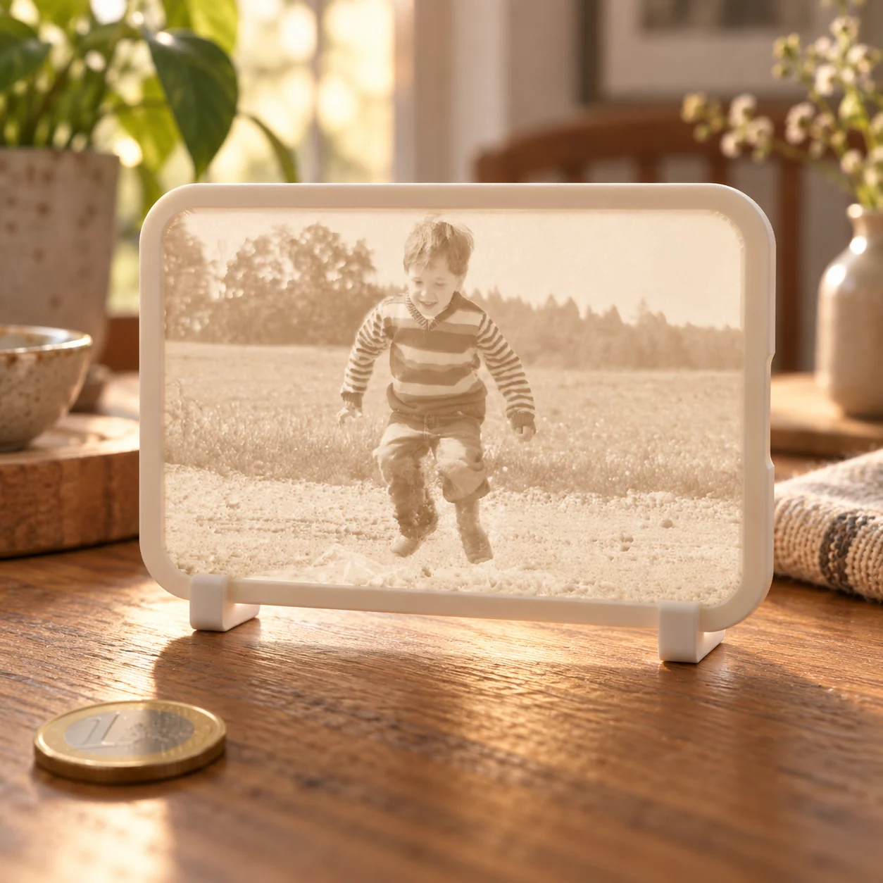 Glimery photo stand with a child’s portrait, backlit to reveal the photo.