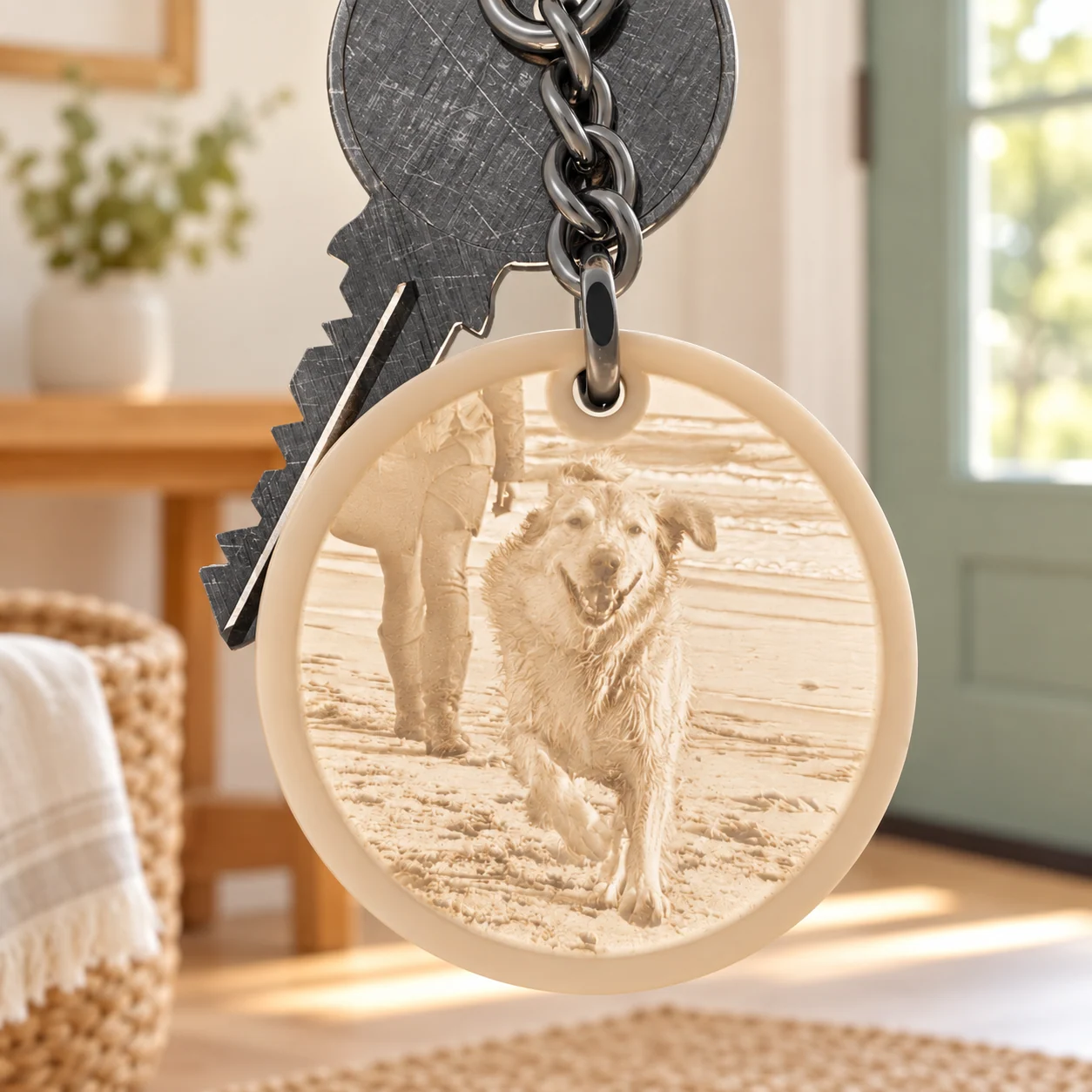 Glimery ronde fotosleutelhanger - in het licht Glimery ronde fotosleutelhanger met een hondenportret, verlicht van achteren zodat de foto zichtbaar wordt.