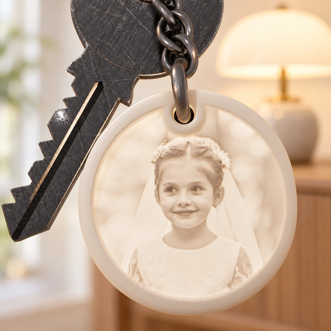Glimery ronde fotosleutelhanger - in het licht Glimery ronde fotosleutelhanger met een kinderportret, verlicht van achteren zodat de foto zichtbaar wordt.