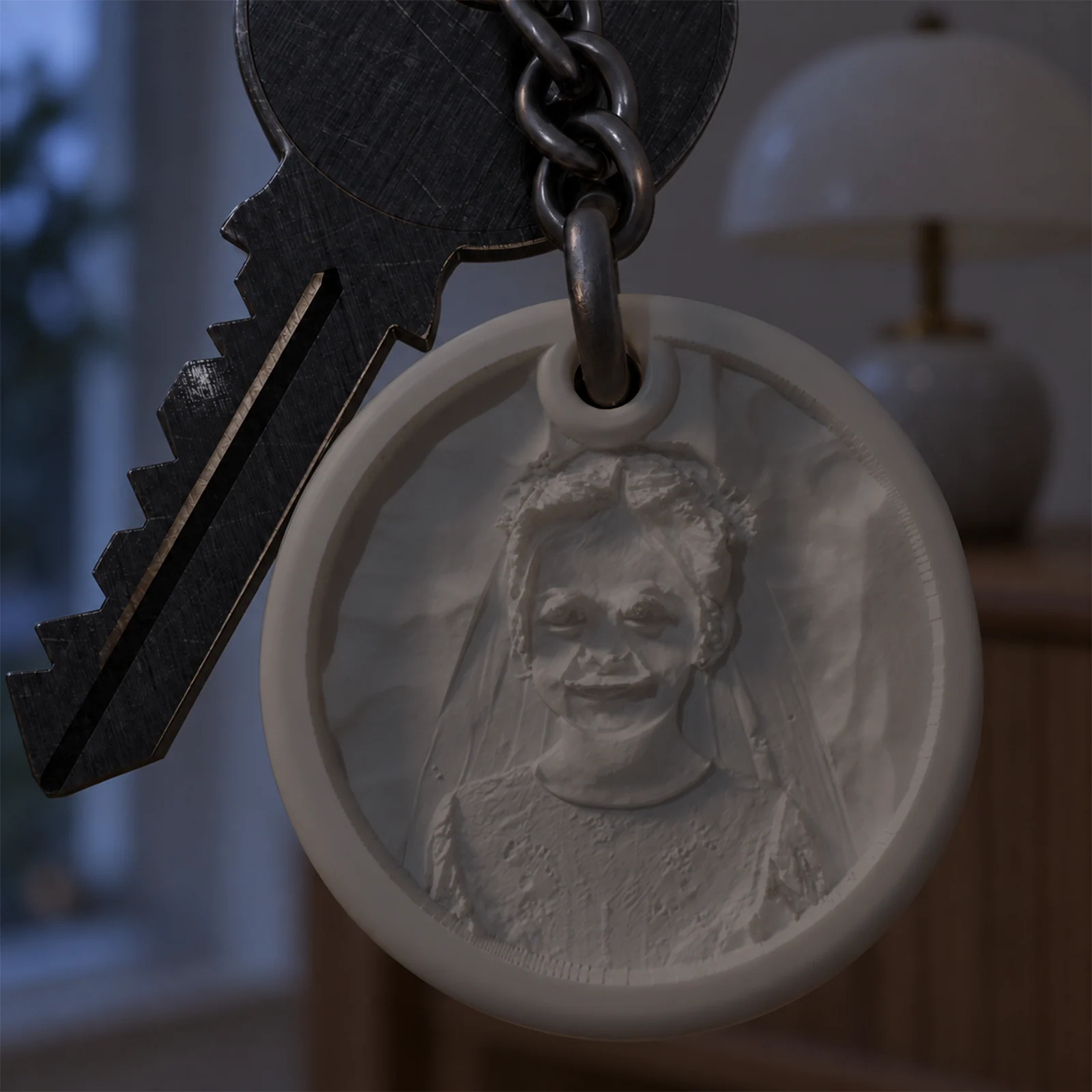 Glimery round photo keychain with a child’s portrait, without backlighting, showing the raised texture of the photo surface.