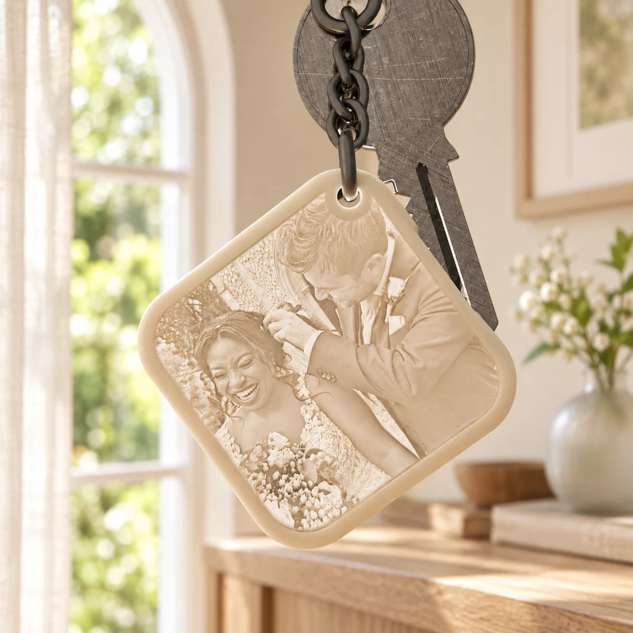 Glimery square photo keychain - in the light Glimery square photo keychain with a wedding photo, backlit to reveal the photo.