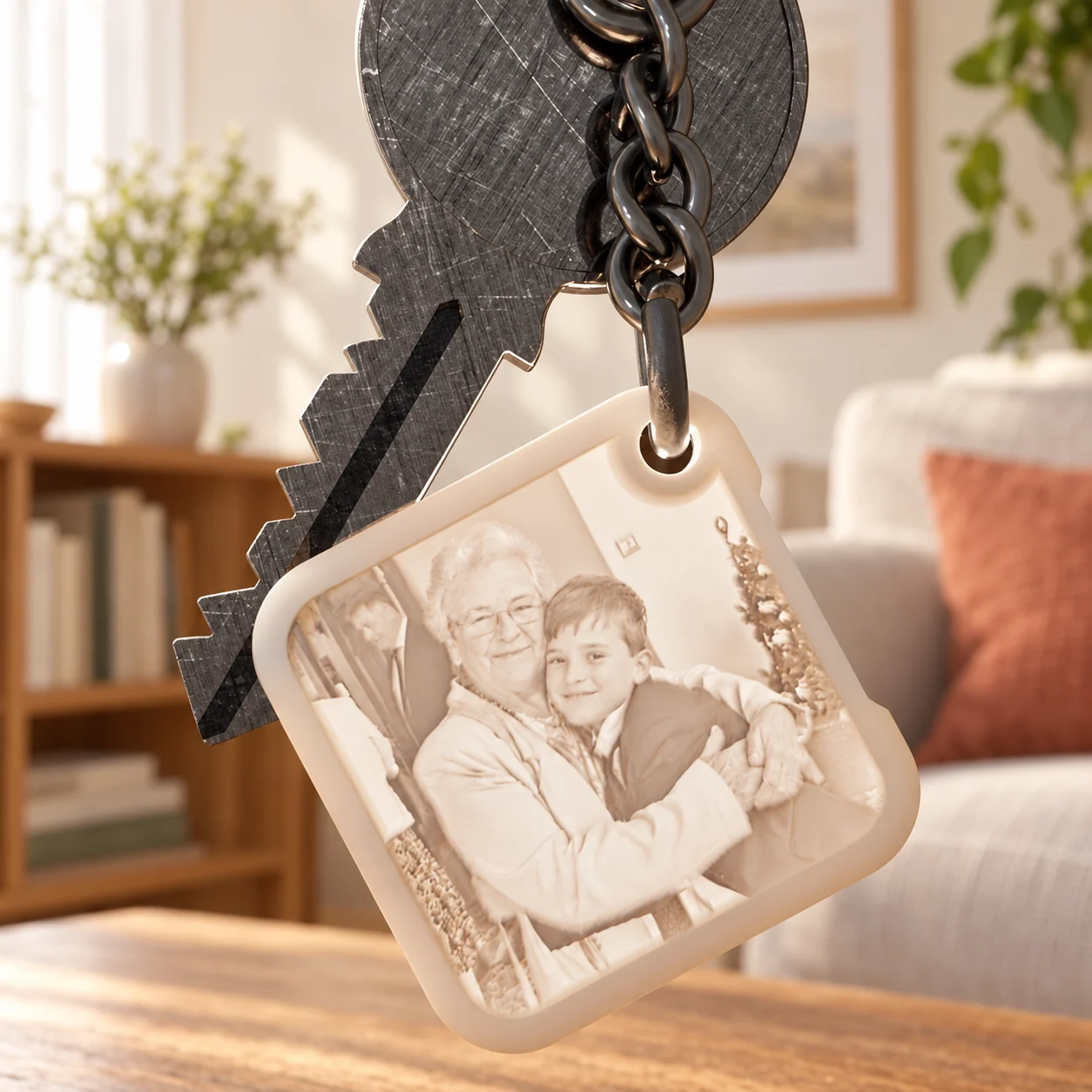 Glimery square photo keychain - in the light Glimery square photo keychain with a child’s portrait, backlit to reveal the photo.