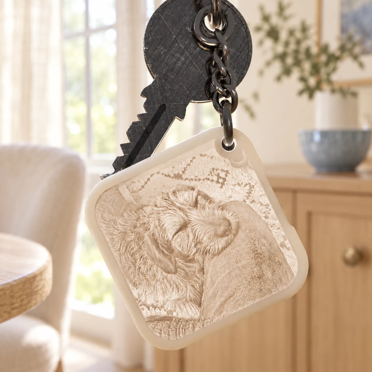 Glimery square photo keychain - in the light Glimery square photo keychain with a dog portrait, backlit to reveal the photo.