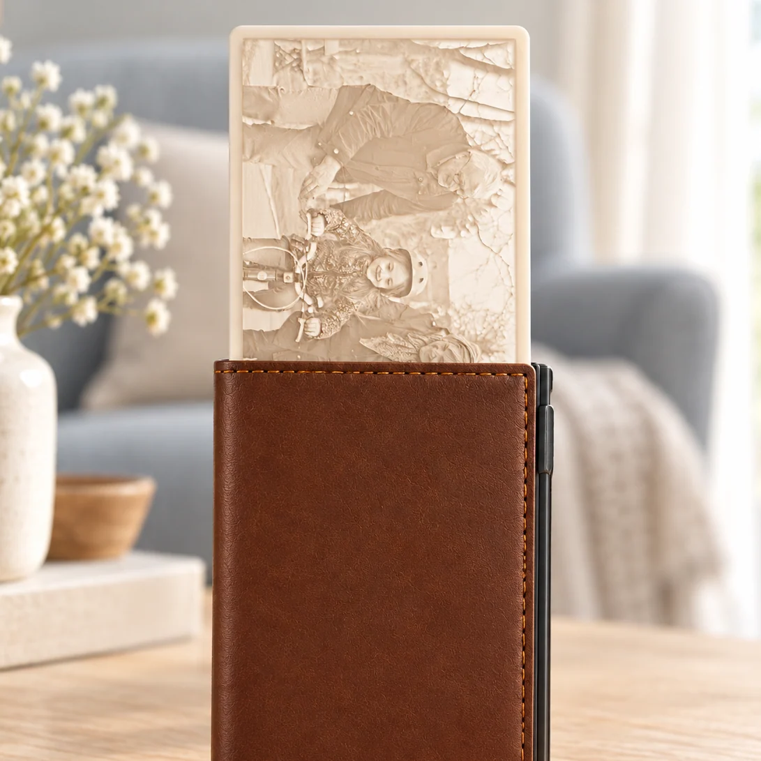 Glimery wallet photo card - in the light Glimery wallet photo card with a baby photo, backlit to reveal the photo.