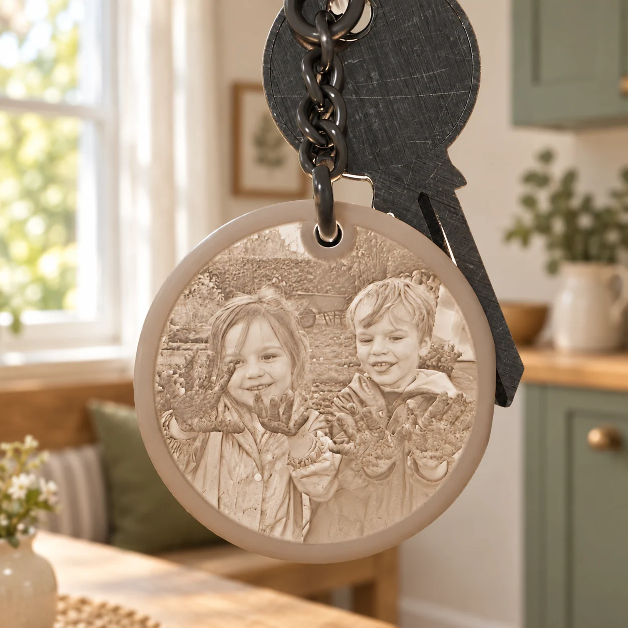 Glimery round photo keychain - in the light Glimery round photo keychain with a photo of two children, backlit to reveal the photo.