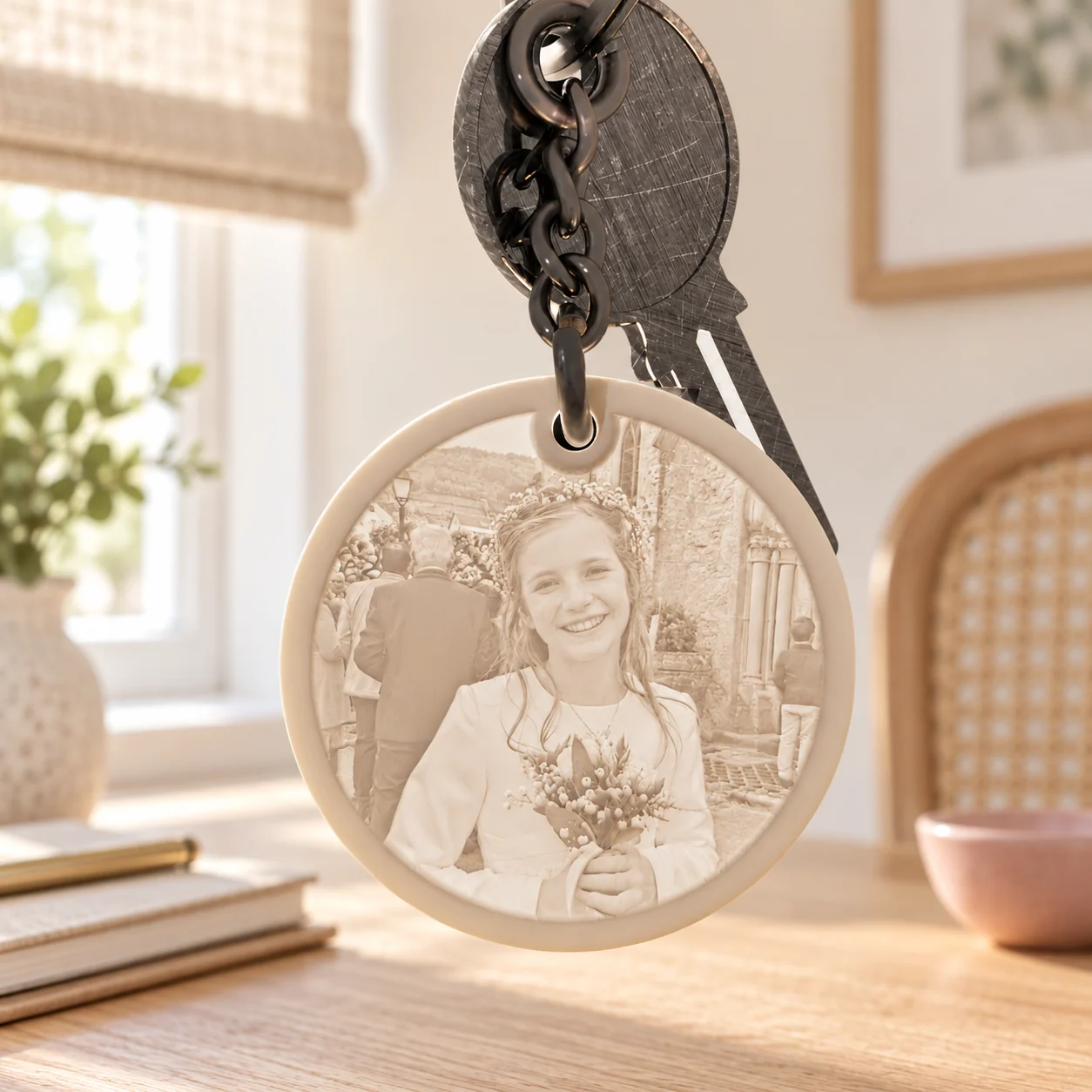 Glimery round photo keychain - in the light Glimery round photo keychain with a child’s portrait, backlit to reveal the photo.