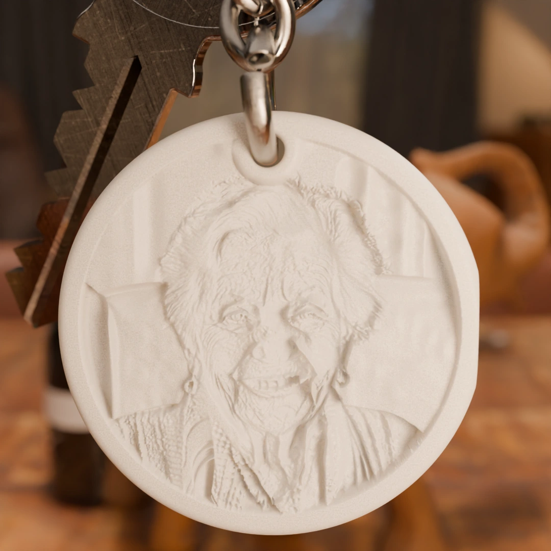 Glimery round photo keychain with a portrait photo, without backlighting, showing the raised texture of the photo surface.