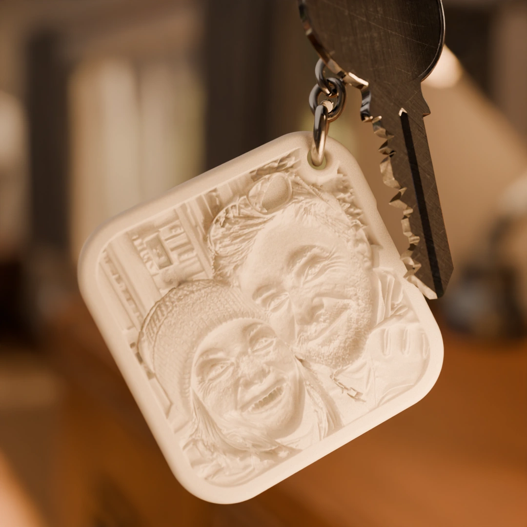 Glimery square photo keychain with a portrait photo, without backlighting, showing the raised texture of the photo surface.
