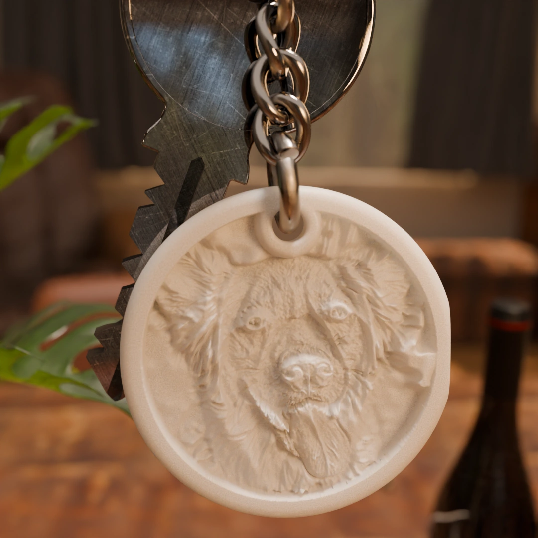 Glimery round photo keychain with a portrait photo, without backlighting, showing the raised texture of the photo surface.