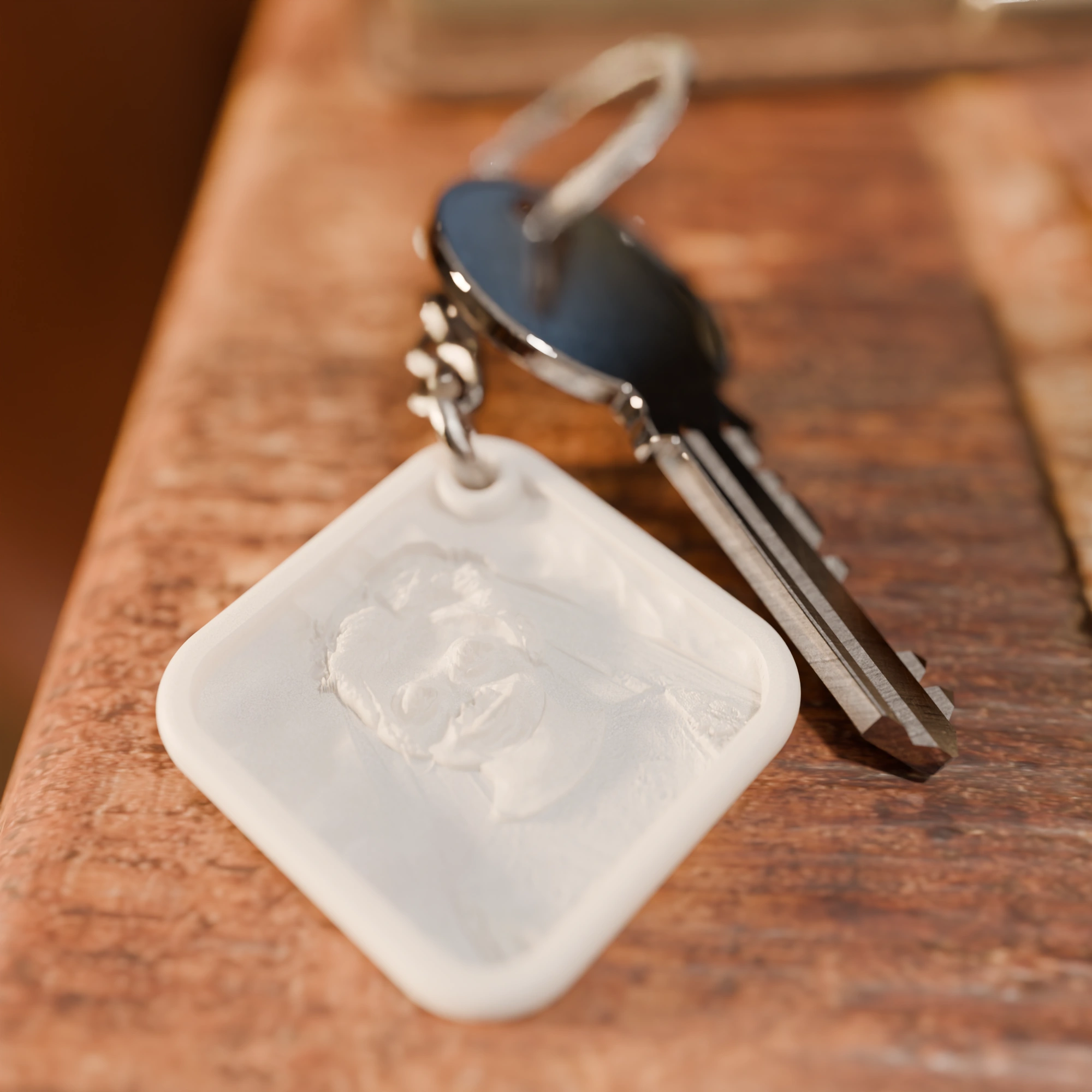 Glimery square photo keychain with a child’s portrait, lying on a table, showing the relief of the photo.