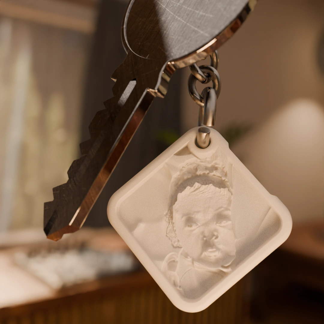 Glimery square photo keychain with a portrait photo, without backlighting, showing the raised texture of the photo surface.